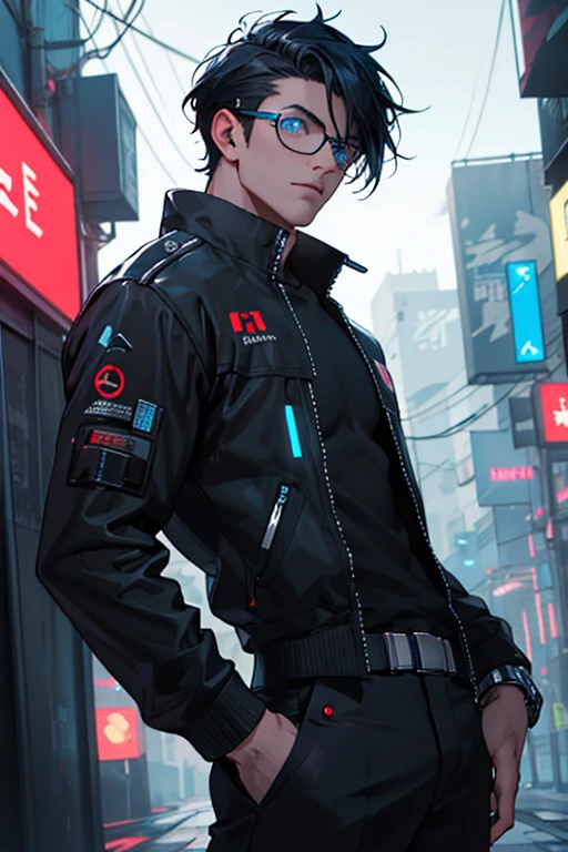  skin white as a pearl,Electric blue eyes and jet black hair with an aesthetic cut,con un traje cyberpunk de cuerpo completo,usa lentes para daltonismo,fondo negro,