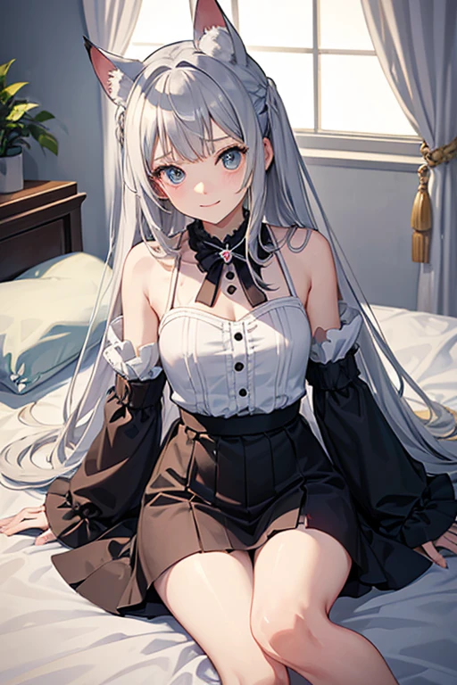 masterpiece, highest quality, High resolution，Anime Style　　　　　　　　　　　　　　　　　　　　　　　　　　　　　　　　　　　　　Silver Hair（Decreased:1:10）Part of the hair stands up like animal ears、、About 、one piece、No sleeve、smile、On the bed
