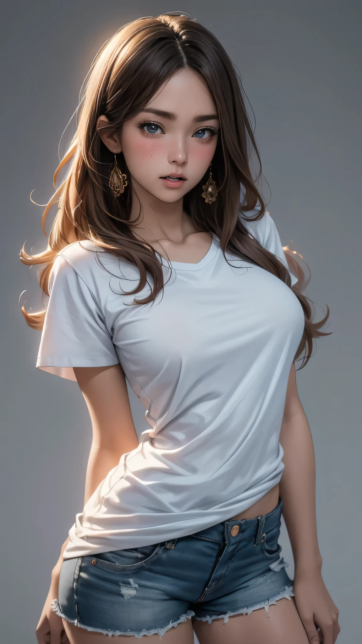 from behind,backwards,leaning forward,clothed,baggy t-shirt,shorts,shirt lift,(Thin type),(large breasts),(random hairstyle),(Highest image quality, (8K), Ultra-realistic, Best Quality, High quality, High Definition, high quality texture, high detailing, Beautiful detailed, fine detailed, extremely details CG, Detailed texture, realistic representation of face, masterpiece, presence)