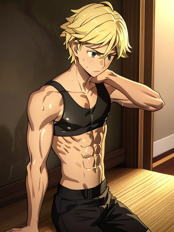 Highres, Masterpiece, Best quality at best, Best Quality, high quality, high detailed, boy, 1boy, blonde, chiseled abs, chiseled pecs, sweating, wet, glistening skin, shiny skin, oiled up, black tank top, (masterpiece, 3D anime style, more detail, ultra detail), adult boy, upper body, sitting down, chiseled abs, chiseled pecs, indoors, exhausted, 