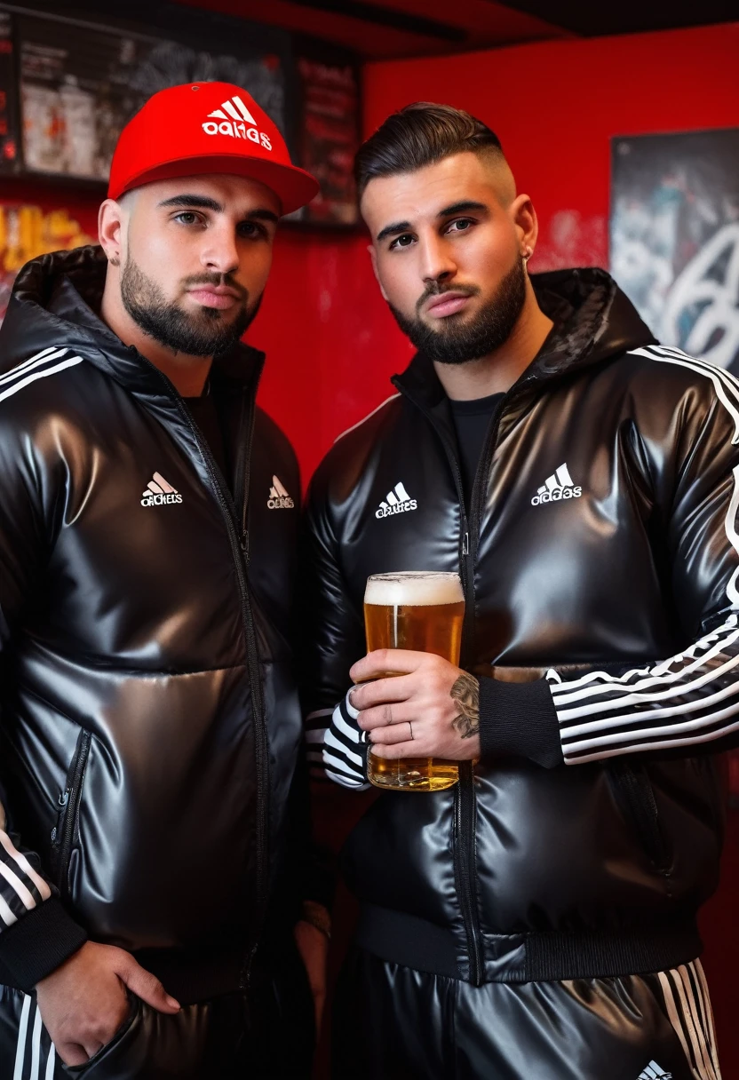 Graffiti urban style, portrait of medium body of two:chav guys handsome 35 year old Chavs,muscular and athletic,having a beer inside a bar in London, more scally men in the background, with beard, full red leather cap "adidas" in black shiny latex or nylon tracksuit++, ((low angle)), legs apart, dynamic pose, wearing a super inflated huge shiny black puffer jacket "Adidas"++,Extremely Realistic+++,depth of field:1.4, bulge, adidas tracksuit, detailed hand++, detailed hands++, perfect hand++, perfect hands++, masterpiece face++, masterpiece hands++, detaled hands, perfect hand, perfect body, perfect bulge, realistic, ultra textured skin:1.6, ultra textured cloth:1.6, super ultra textured materials:1.7, small details corrected, highly textured skin:1.5, textured clothing:1.7, perfect hands:1.7, hands without fused fingers:1.8
