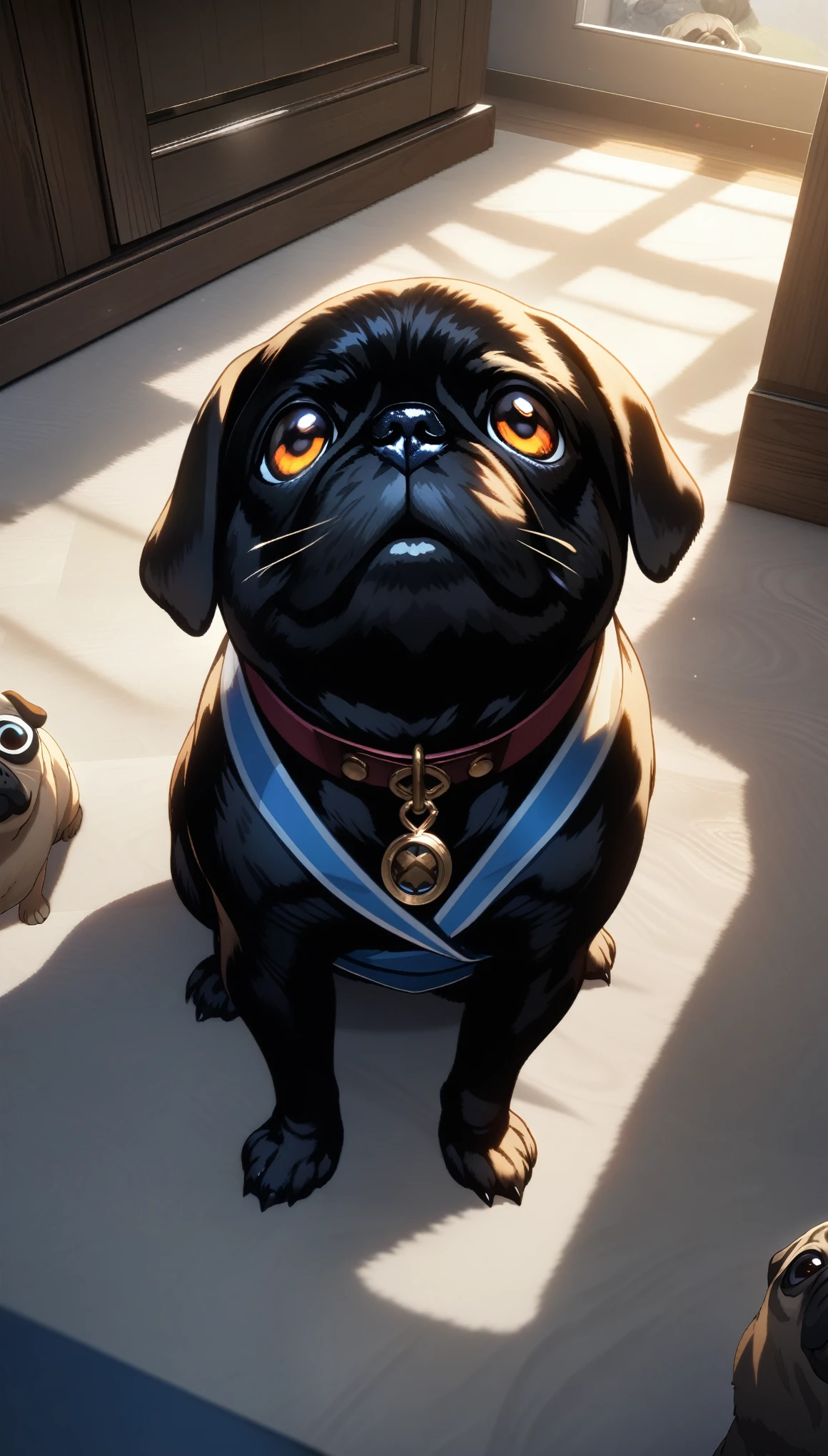 32k, best quality, ultra high res, HDR, UHD, extremely detailed CG, unity 32k wallpaper, Black Pug, Indoor living room background, Looking up, Pug begging for food, Close-up, 