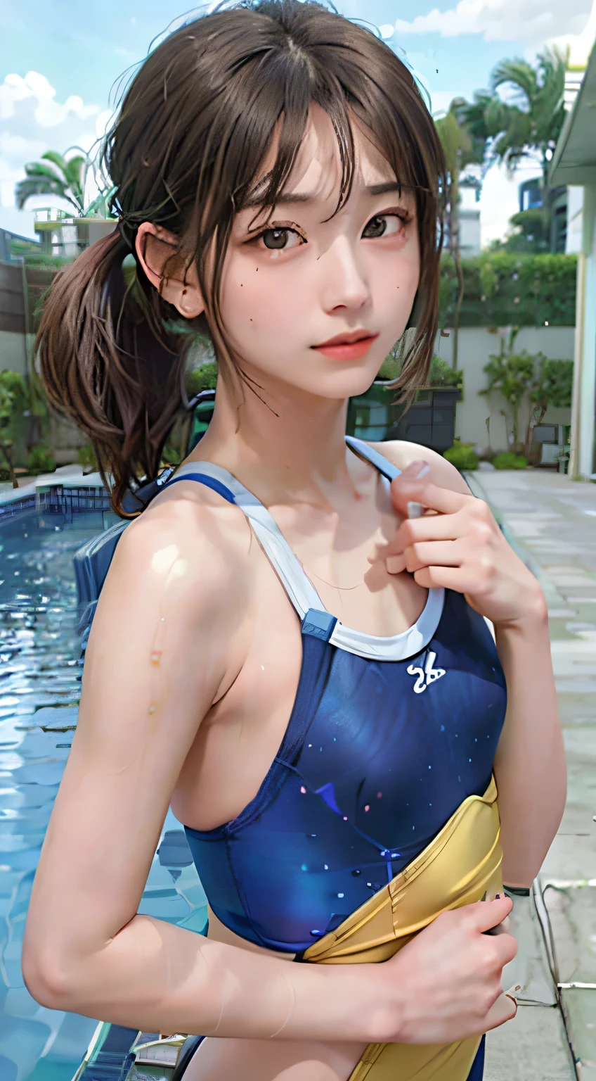 highest quality, RAW Photos, Realistic, face, Incredibly beautiful girl, cute, length Hair,ponytail,Glasses,Written boundary depth, High resolution, Super detailed, detailed, Very detaileded, extremely detaileded eye and face, Sharp pupils, Realistic students, Sharp focus, Cinema Lighting, Japanese, Short Woman, Physical build, Short arms, length, Narrow eyes, Fleeting atmosphere, 30 years old, Brown bob hair, ((thin lips)), White top and bottom underwear, masterpiece, highest quality, Detailed skin, Detailed face, fine grain, 8k, Excellent anatomy, Upper body portrait,flat breasts, small breasts, small,( small bust: 1.2), small bust, (slim, small, flat, small), thin, Delicate and sexy collarbone, One Girl, (beautiful girl, Delicate girl:1.3), ( years old:1.3),
break, (One Piece Swimwear, Swimwear:1.2),
break, (Pool:1.3),
break, Very beautiful eyes, (Symmetrical eyes:1.3),
break, , Brown eyes, Parted bangs, Brown Hair, (Upper teeth, The best smile:0.2),
break, (Eyes and face detail:1.0),
break, (masterpiece, highest quality, Super detailed, Detailed face, 8k)