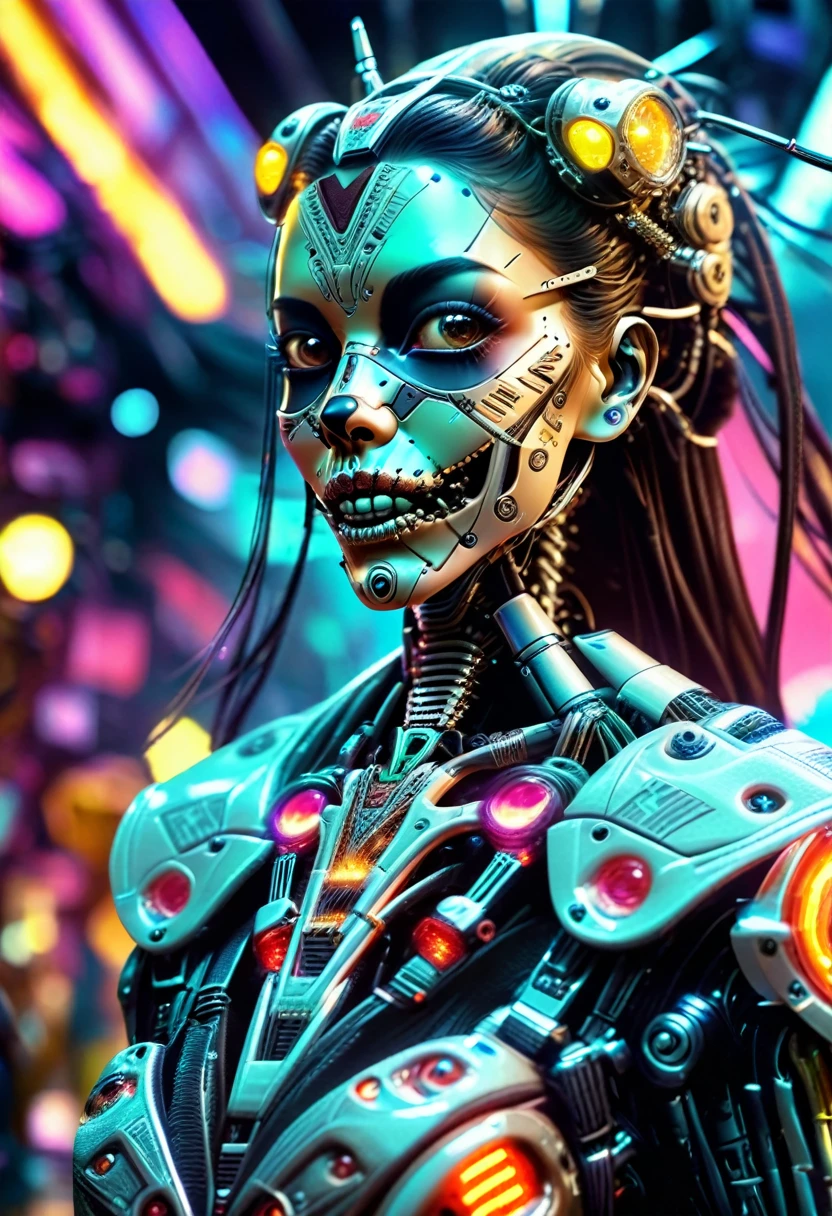 a woman wearing an exo-skeleton mask on a fashion runway, vibrant neon lighting, teenage model, intricate mechanical design, high-tech futuristic cyberpunk style, dynamic pose, dramatic lighting, colorful dystopian background, detailed metal textures, glossy wet look, hyper-realistic, 8k, photorealistic, cinematic, masterpiece
