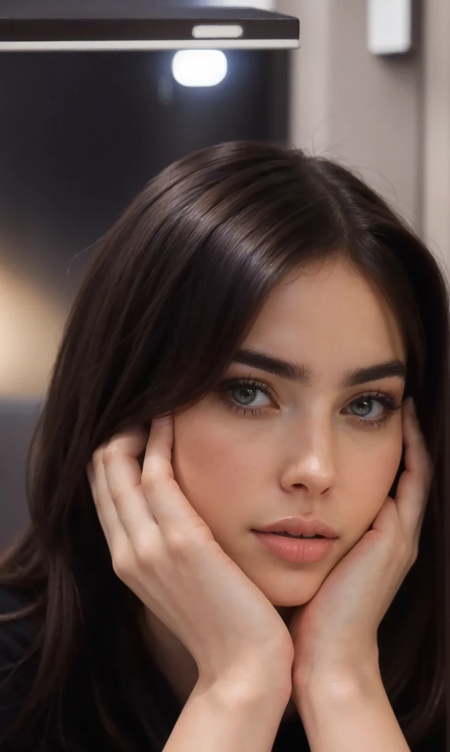 There is a woman who is sitting at a table with her hands on her face, ana de armas, anastasia ovchinnikova, violeta myers, valentina remenar, Kailee Mandel, Dua Lipa, Retrato de Sophie Mudd, Angelina Stroganova, Kendall Jenner, retrato de ana de armas, retrato de ana de armas