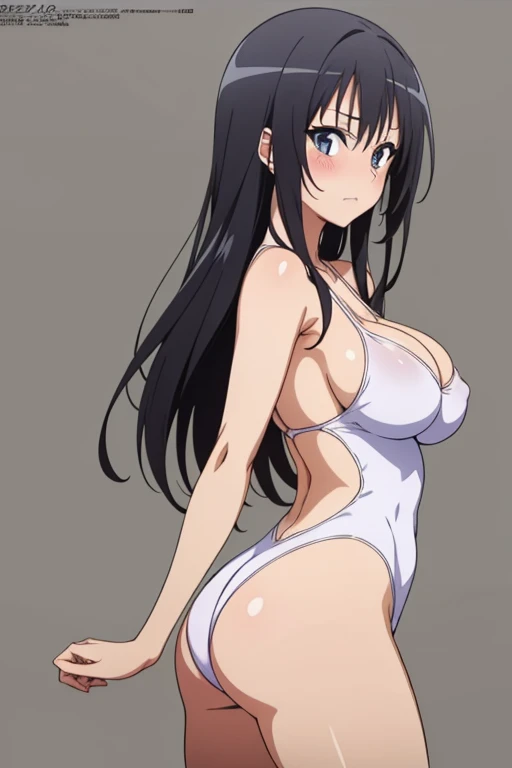 (masutepiece, Best Quality, High resolution, anime colours, megami magazine:1.2, anime poster style, anime keyvisual, sharp, 8k, photorealistic), from side, (beautiful eyes:1.5, beautiful face), Kotegawa Yui, 1girl, solo, Cute, blush, (Long Black Hair), (sagging large breasts), (white onepiece swimsuit), cleavage, (arm behind back, cowboy shot), (Perfect detailed Anatomy, beautiful detailed hair, perfect detailed body:1.2, shiny skin), (thick outline, Beautiful outlines, black outlines), simple background,