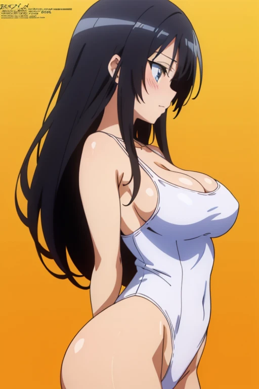 (masutepiece, Best Quality, High resolution, anime colours, megami magazine:1.2, anime poster style, anime keyvisual, sharp, 8k, photorealistic), from side, (beautiful eyes:1.5, beautiful face), Kotegawa Yui, 1girl, solo, Cute, blush, (Long Black Hair), (sagging large breasts), (white onepiece swimsuit), cleavage, (arm behind back, cowboy shot), (Perfect detailed Anatomy, beautiful detailed hair, perfect detailed body:1.2, shiny skin), (thick outline, Beautiful outlines, black outlines), simple background,