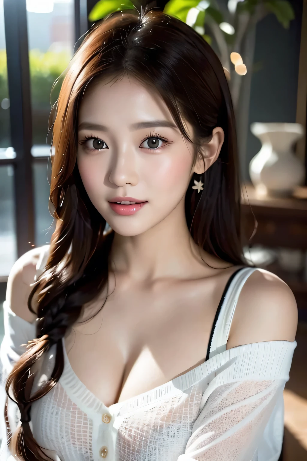 Warm sunshine、Woman strolling in park、Accentuate your breasts、See-through white tight sweater dress、Off-the-shoulder tight sweater dress、(Reddish brown wet shiny hair)、(Floral braided headband、Half Up、Floral,),(Space Knitting、Voluminous fishtail braid、Twisted pan、)、(The bangs are see-through)、hairpin、hair ornaments、Blushing cheeks、Pointed red mouth、Big Breasts、Perfect body curves、Beautiful clavicle、Wet Hair、Wet Face、Wet body、Wet Skin、Wet costume、Detailed clothing features、Detailed hair features、Detailed facial features、Looking into the camera、(Dynamic Angle)、(Dynamic and sexy pose) )、Cinema Lightasterpiece、highest quality、Ultra-high resolution output images、Write Boundary Depth、Intricate details、Add depth to your subject with contrast between light and shadow、)、Digital Illustration、Single-lens reflex camera、(Realistic:1.3)、(8K quality、Anatomically correct facial structure、)、(Picture Mode Ultra HD、)