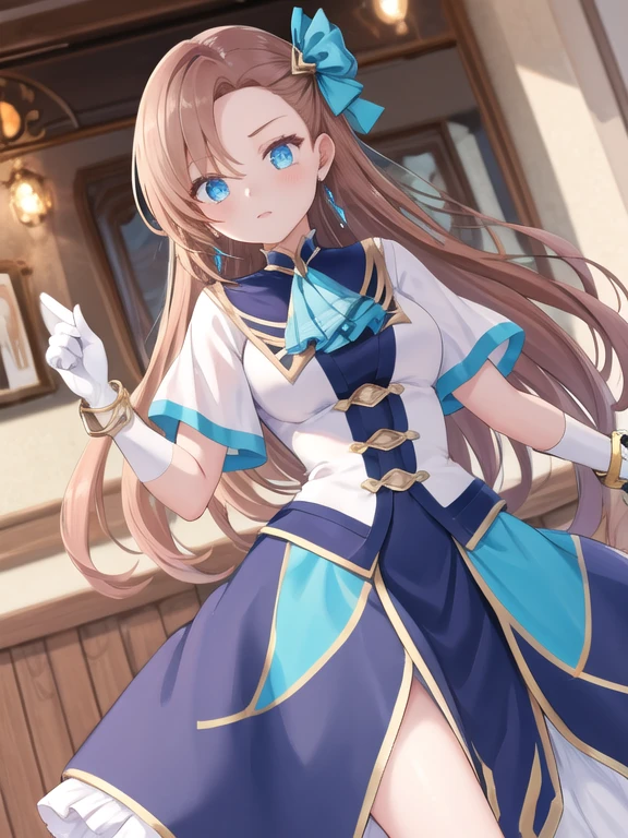 a girl a ice kingdom, standing,  dutch angle, katarina claes, long hair, asymmetrical bangs, jewelry, earrings, hair bow, hair ornament, brooch, blue dress, ascot, short sleeves, white gloves, bracelet,