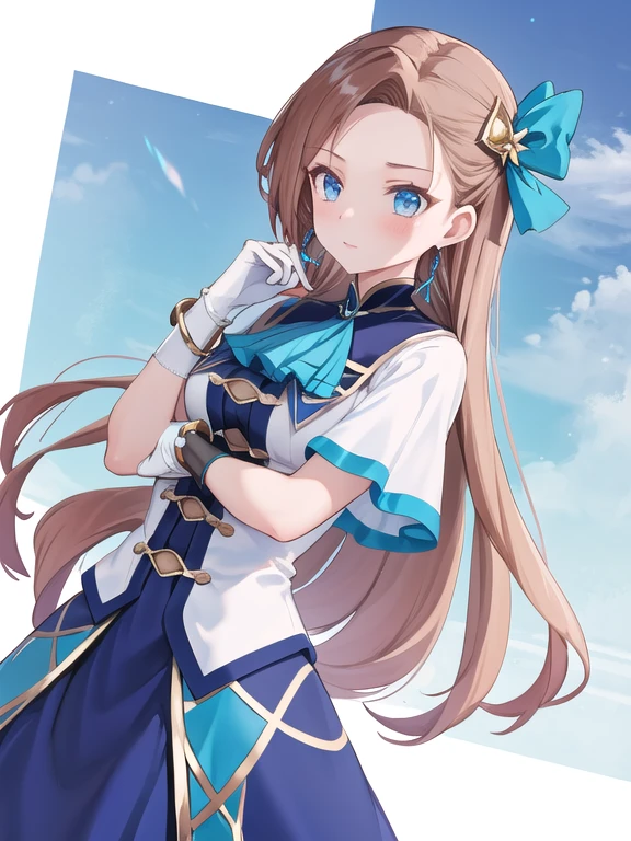 a girl a ice kingdom, standing,  dutch angle, katarina claes, long hair, asymmetrical bangs, jewelry, earrings, hair bow, hair ornament, brooch, blue dress, ascot, short sleeves, white gloves, bracelet,