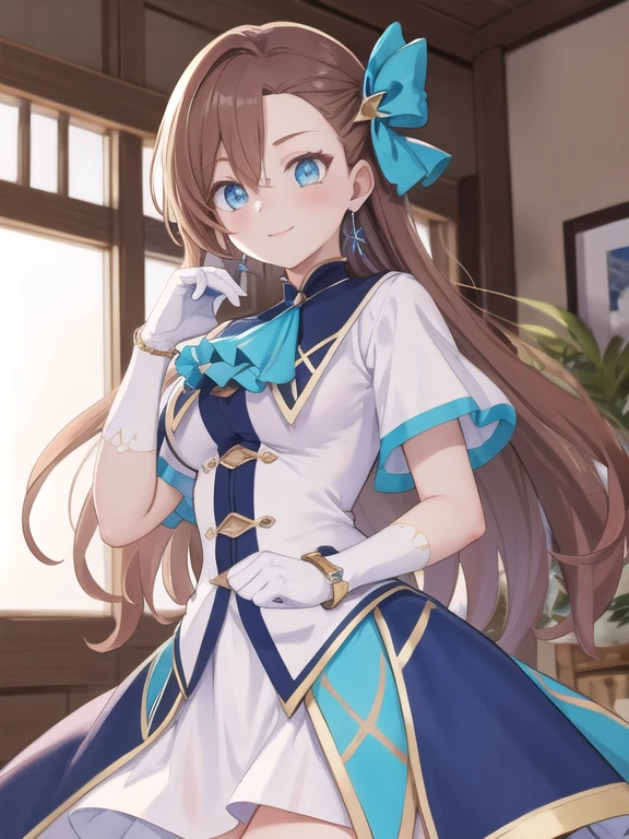 catarinaclaes, catarina claes, long hair, bangs, brown hair, blue eyes, asymmetrical bangs, smile,
BREAK hair ornament, gloves, dress, bow, jewelry, jacket, short sleeves, hair bow, earrings, white gloves, bracelet, ascot, blue dress, blue bow, brooch, high collar, long dress, blue ascot,
BREAK indoors,
BREAK looking at viewer, (cowboy shot:1.5),
BREAK (masterpiece:1.2), best quality, high resolution, unity 8k wallpaper, (illustration:0.8), (beautiful detailed eyes:1.6), extremely detailed face, perfect lighting, extremely detailed CG, (perfect hands, perfect anatomy),