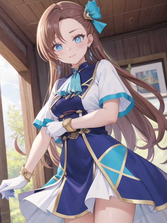 catarinaclaes, catarina claes, long hair, bangs, brown hair, blue eyes, asymmetrical bangs, smile,
BREAK hair ornament, gloves, dress, bow, jewelry, jacket, short sleeves, hair bow, earrings, white gloves, bracelet, ascot, blue dress, blue bow, brooch, high collar, long dress, blue ascot,
BREAK indoors,
BREAK looking at viewer, (cowboy shot:1.5),
BREAK (masterpiece:1.2), best quality, high resolution, unity 8k wallpaper, (illustration:0.8), (beautiful detailed eyes:1.6), extremely detailed face, perfect lighting, extremely detailed CG, (perfect hands, perfect anatomy),