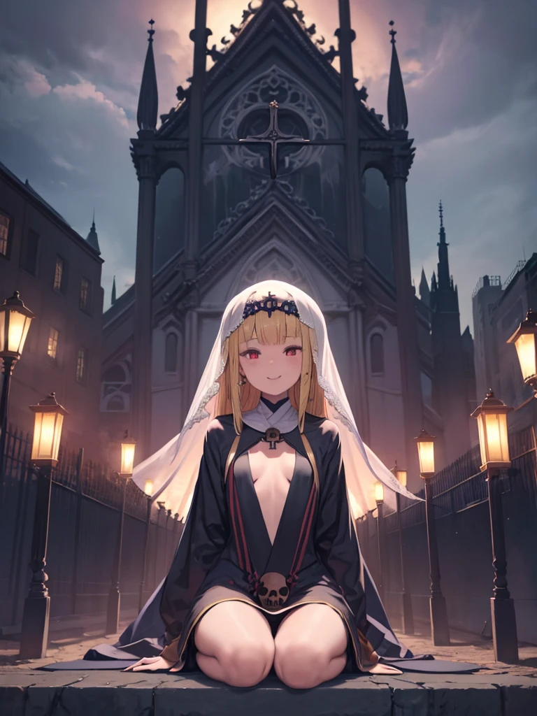 masterpiece、highest quality、High resolution、Very detailed、Girl、Small breasts、Nunonastic Clothes、Boneyard、blonde、Red Eyes、Veil、Wicked Smile、laughing、outside、church、night、moon、Cross Necklace、Sitting、Has a skull、Staring at the skull、