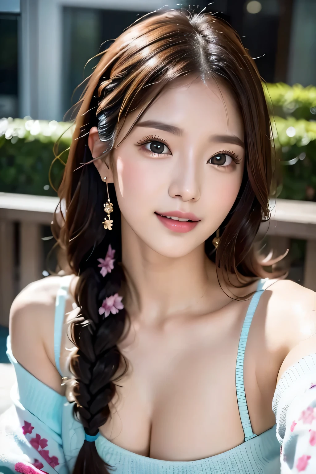 Warm sunshine、Woman strolling in park、Accentuate your breasts、See-through white tight sweater dress、Off-the-shoulder tight sweater dress、(Reddish brown wet shiny hair)、(Floral braided headband、Half Up、Floral,),(Space Knitting、Voluminous fishtail braid、Twisted pan、)、(The bangs are see-through)、hairpin、hair ornaments、Blushing cheeks、Pointed red mouth、Big Breasts、Perfect body curves、Beautiful clavicle、Wet Hair、Wet Face、Wet body、Wet Skin、Wet costume、Detailed clothing features、Detailed hair features、Detailed facial features、Looking into the camera、(Dynamic and sexy pose) )、Cinema Lightasterpiece、highest quality、Ultra-high resolution output images、Write Boundary Depth、Intricate details、Add depth to your subject with contrast between light and shadow、)、Digital Illustration、Single-lens reflex camera、(Realistic:1.3)、(8K quality、Anatomically correct facial structure、)、(Picture Mode Ultra HD、)