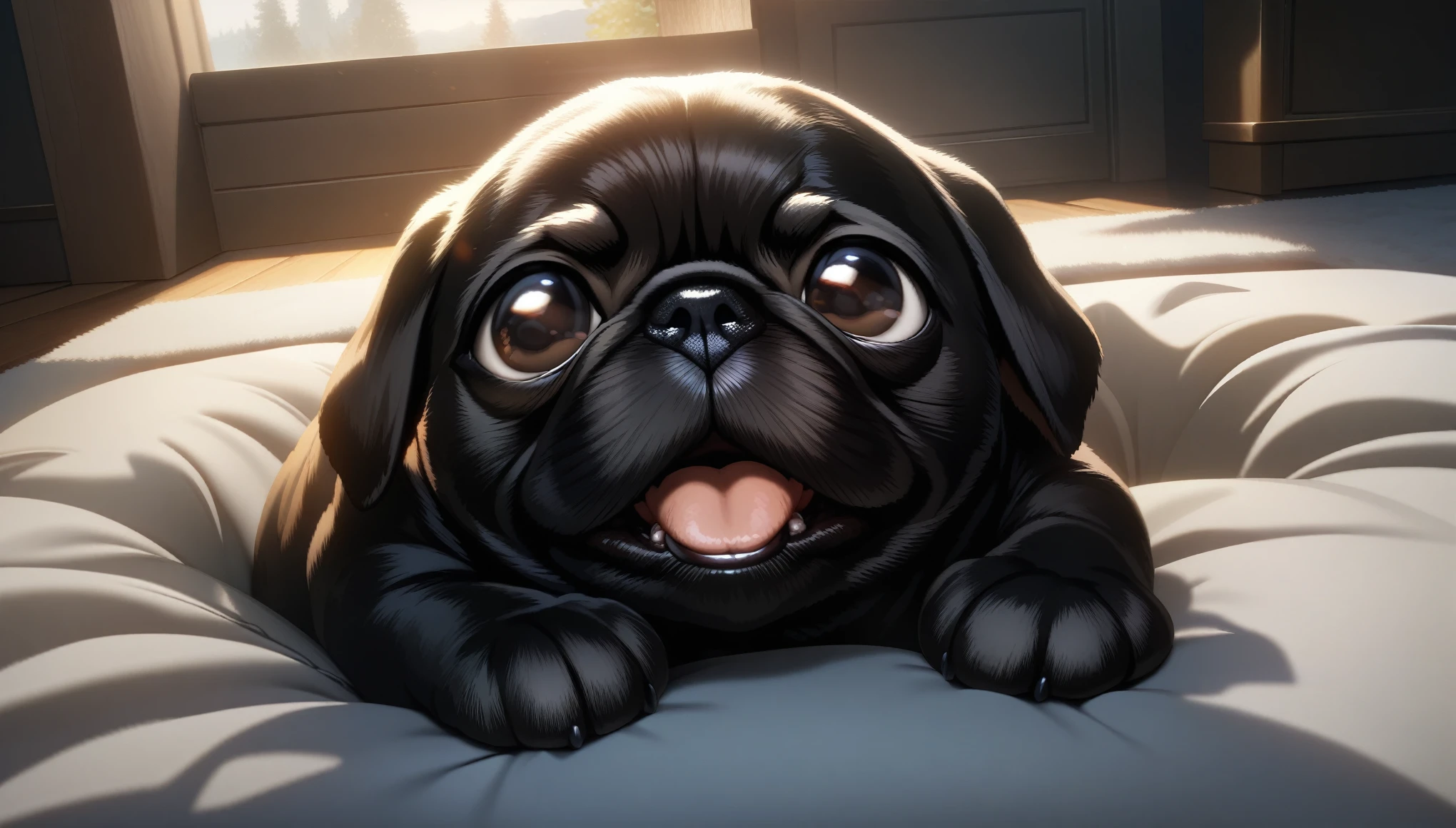32k, best quality, ultra high res, HDR, UHD, extremely detailed CG, unity 32k wallpaper, Black Pug, Indoor living room background, Looking up, Pug begging for food, Close-up, 