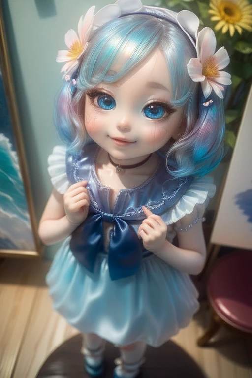 Photorealistic、Doll standing in front of the painting（Nendoroid）、Laughter、Water drops on cheeks、In a cute pose、水彩Nendoroid、(High Resolution Figure)、Flowing iridescent silk、Close-up of face、Look up、Heart patterned contact lenses、Two hands holding a heart decorated with flowers、There are also flowers in front of the Nendoroids、petal、season!!: summer☀ 🍂