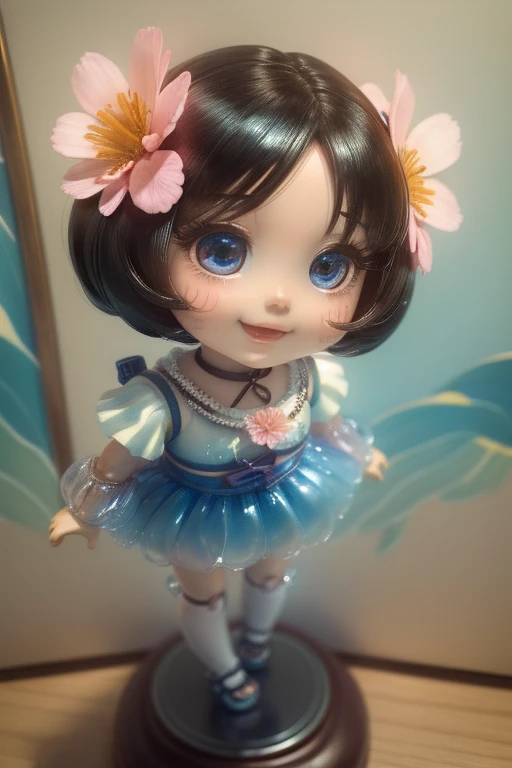 Photorealistic、Doll standing in front of the painting（Nendoroid）、Laughter、Water drops on cheeks、In a cute pose、水彩Nendoroid、(High Resolution Figure)、Flowing iridescent silk、Close-up of face、Look up、Heart patterned contact lenses、Two hands holding a heart decorated with flowers、There are also flowers in front of the Nendoroids、petal、season!!: summer☀ 🍂