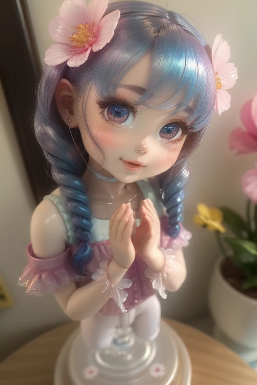 Photorealistic、Doll standing in front of the painting（Nendoroid）、Laughter、Water drops on cheeks、In a cute pose、水彩Nendoroid、(High Resolution Figure)、Flowing iridescent silk、Close-up of face、Look up、Heart patterned contact lenses、Two hands holding a heart decorated with flowers、There are also flowers in front of the Nendoroids、petal、season!!: summer☀ 🍂