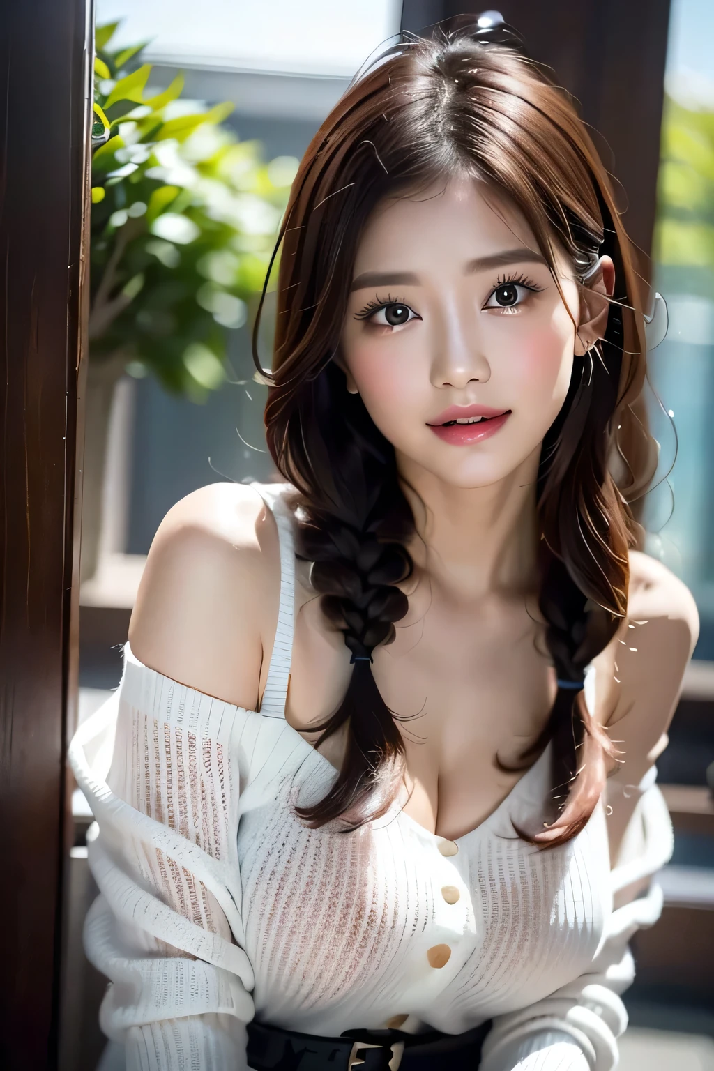 Warm sunshine、Woman strolling in park、Accentuate your breasts、See-through white tight sweater dress、Off-the-shoulder tight sweater dress、(Reddish brown wet shiny hair)、(Floral braided headband、Half Up、Floral,),(Space Knitting、Voluminous fishtail braid、Twisted pan、)、(The bangs are see-through)、hairpin、hair ornaments、Blushing cheeks、Pointed red mouth、Big Breasts、Perfect body curves、Beautiful clavicle、Wet Hair、Wet Face、Wet body、Wet Skin、Wet costume、Detailed clothing features、Detailed hair features、Detailed facial features、Looking into the camera、whole body、(Dynamic Angle)、(Dynamic and sexy pose) )、Cinema Lightasterpiece、highest quality、Ultra-high resolution output images、Write Boundary Depth、Intricate details、Add depth to your subject with contrast between light and shadow、)、Digital Illustration、Single-lens reflex camera、(Realistic:1.3)、(8K quality、Anatomically correct facial structure、)、(Picture Mode Ultra HD、)