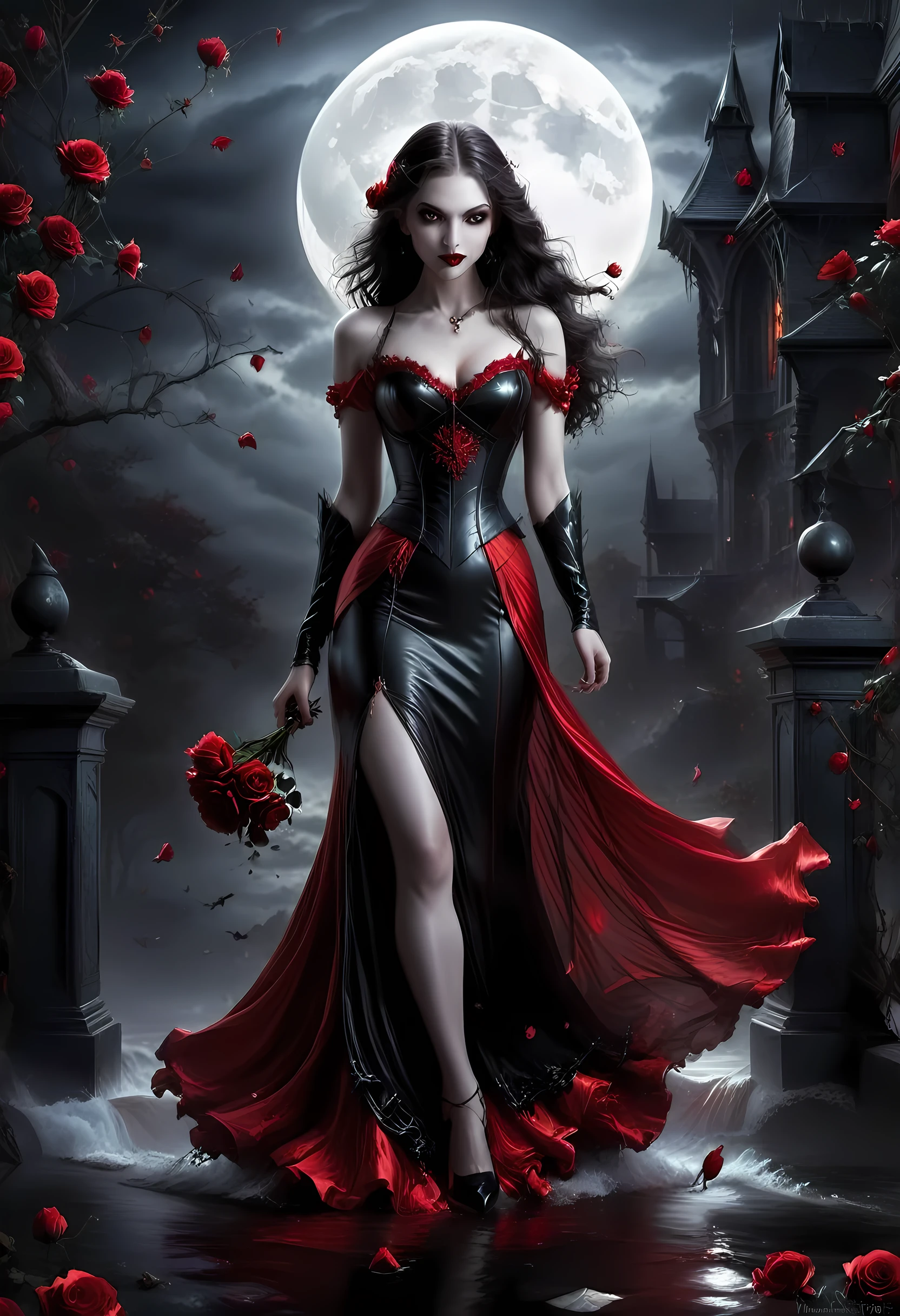 Dark fantasy art, fantasy art, goth art,  a picture of a female vampire, exquisite beauty, full body shot, dark glamour shot,  pale white skin, dark blond hair, long hair, wavy hair, (glowing grey: 1.3) eyes,  she  wears a (red: 1.3) red dress, ArmoredDress, the roses are imprinted on the dress (black: 1.4)  black roses betmd, high heells, dark castle porchm, dark, black and colorm, Dark Art Painting Style