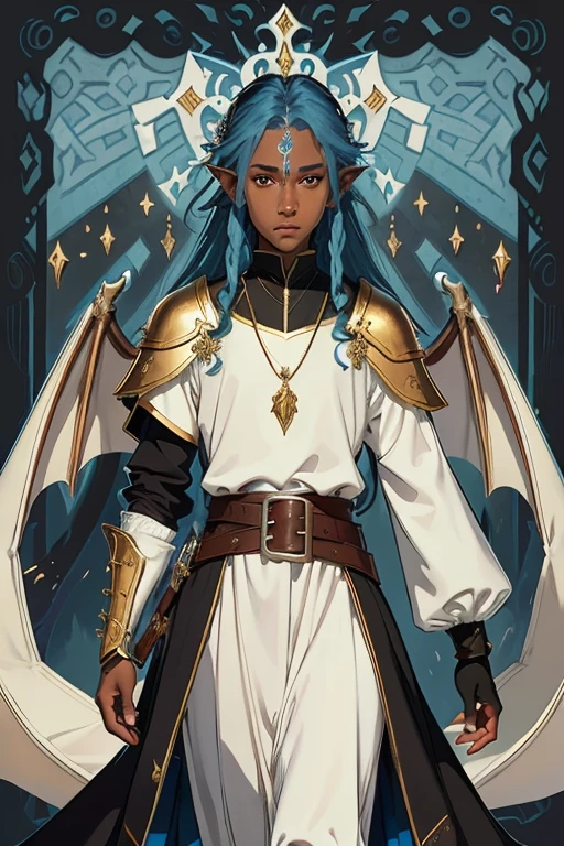 An androgynous boy, , non-human race, magical creature, half dragon, half black elf, dragon wings, with long blue hair, golden eyes, dark skin and accessories, wearing medieval fantasy tunic, androgynous prince, femboy , s of royalty. (Medieval Europe fantasy).