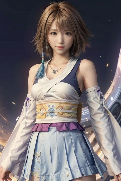 (masterpiece, highest quality:1.3)
Yuna FF10,  One girl, alone, View the viewer on UP, smile, short hair, blue eyes, skirt, Brown Hair, hair ornaments, jewelry, underwear, Green Eyes, smile, Are standing, Upper Body, Removable sleeves, kimono, good, Heterochromia iridis, In the same way, In the same way skirt, blue In the same way, purple In the same way, Yuna (ff10)