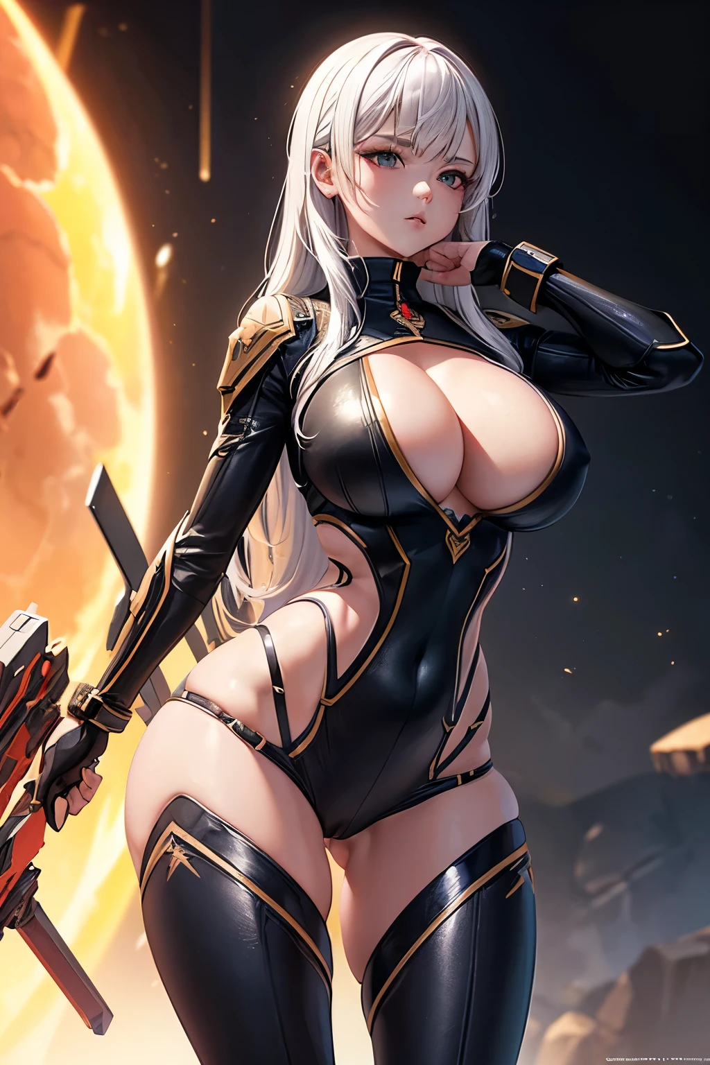 A long shot of a cinematic photo of a (female space:1.1) with a (big firing sword:1.2), (sci-fi style outfit:1.2), (skimpy clothes:1.2), full body, (black simple background), (heavy breasts), (bubble butt), (wide hips:1.1), (slim waist:1.1), (thick thighs:1.1), (detailed face and eyes:1.2), octane render, high quality, 24k photorealistic, (detailed hand and finger:1.2), (medium breasts:1.2), (busty), (deep cleavage:1.2), (labia outline:1.3), (hard teat:1.3).