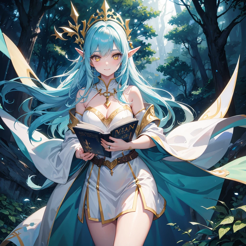 A sexy girl half elf wizard, White wizard robe, wizard hat, yellow eyes, bright blue hair colour, book in hand, dark forest background,8k, masterpiece, best quality, highly detailed, one girl, half-elf, solo, long straight hair, wearing necklace, gorgeous, friendly, sad smile,sexy, close ups view, rings, looking at viewer, alone, alone,