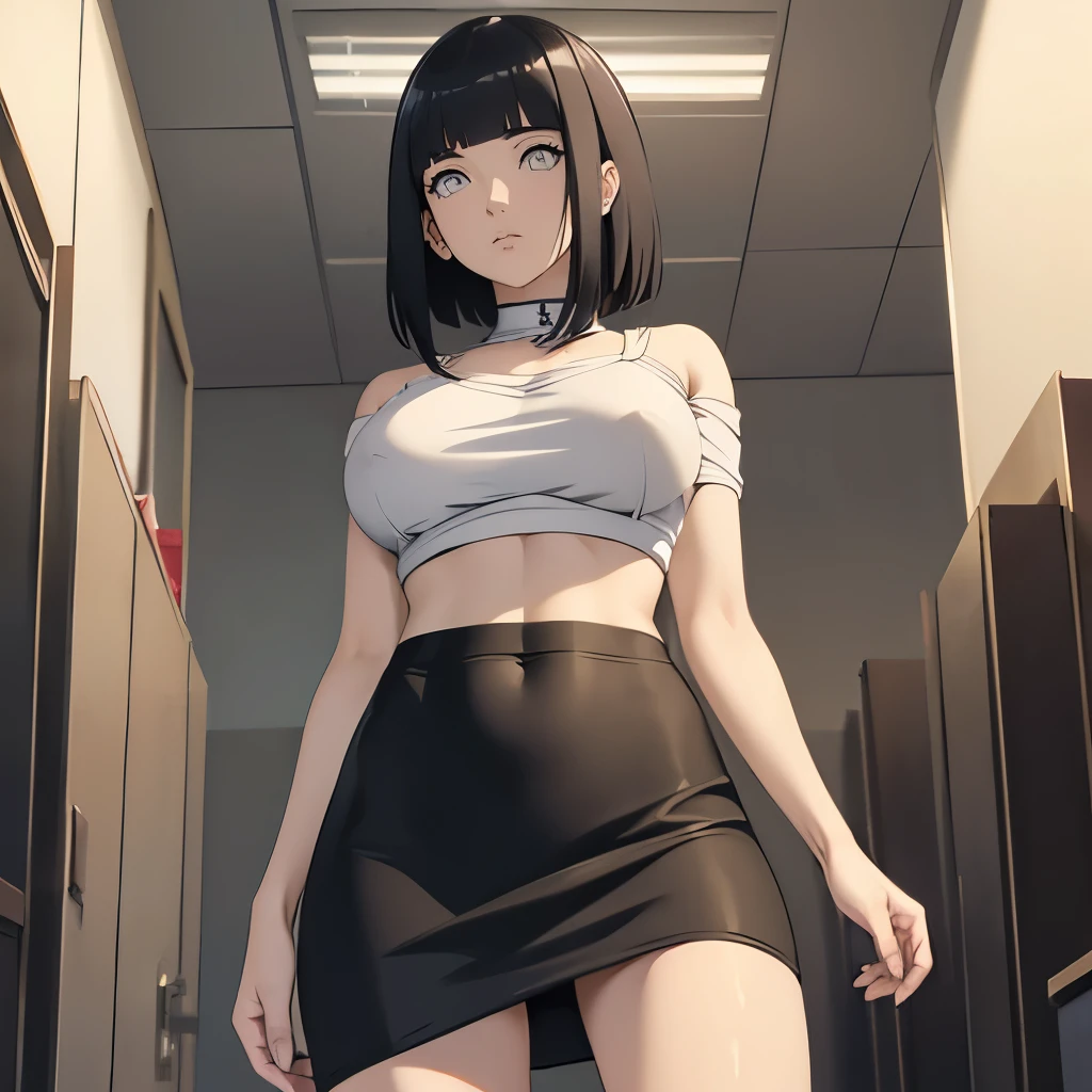 (masterpiece), anime, Best quality, good anatomy, one girl, Hinata Hyuga, (full height), white eyes, Big breasts, realistic face, gloomy face, Looking down, dark hair, short haircut, navel ,bare shoulders, tight black top, decollete, black pencil skirt, tall legs, beautiful legs, office, Reflectors, 8K masterpiece, super detail, film movie, best quality, best ditails, detailed face, detailed eyes, camera from bellow