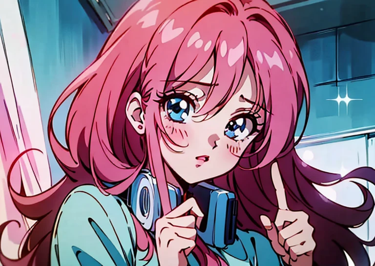 Miku nakano, turned sideways, pointing in front of her, (Old anime, vintage anime, 90's anime style, naoko takeuchi style, masterpiece、top-quality、top-quality、Official art、Beautifully Aesthetic:1.2)、(a beauty girl:1.3)、vivid colours、colourful, lHD Detail, Ultra Detail, soft Light, Deep Focus Bokeh, magical photography, dramatic lighting, intricate details, (1 girl, solo, alone), , sfw, nakano_miku, blue eyes, indigo eyes, aayotsuba, Miku, sparkling blue eyes, sfw, pretty teenage girl with long dark pink hair, heart shaped lips and blue eyes making a cute face, blushing, aamiku, Nakano Miku from The Quintessential Quintuplets, Miku Nakano, masterpiece, 4k, ultradetailed, cowboy shot, nakano miku, long pink red hair, blue headset around neck, calm face, blushing, apathetic calm face, one strand of hair across her face, blue eyes, innocent, pure, shy, tender, lovely