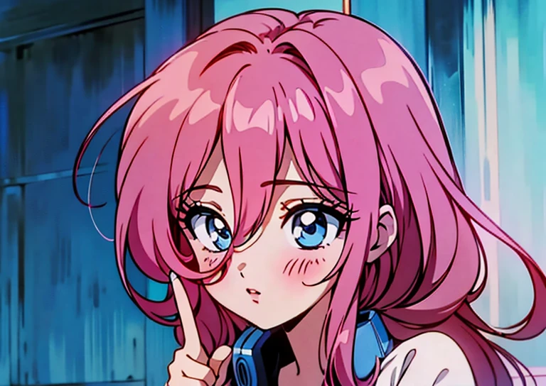 Miku nakano, turned sideways, pointing in front of her, (Old anime, vintage anime, 90's anime style, naoko takeuchi style, masterpiece、top-quality、top-quality、Official art、Beautifully Aesthetic:1.2)、(a beauty girl:1.3)、vivid colours、colourful, lHD Detail, Ultra Detail, soft Light, Deep Focus Bokeh, magical photography, dramatic lighting, intricate details, (1 girl, solo, alone), , sfw, nakano_miku, blue eyes, indigo eyes, aayotsuba, Miku, sparkling blue eyes, sfw, pretty teenage girl with long dark pink hair, heart shaped lips and blue eyes making a cute face, blushing, aamiku, Nakano Miku from The Quintessential Quintuplets, Miku Nakano, masterpiece, 4k, ultradetailed, cowboy shot, nakano miku, long pink red hair, blue headset around neck, calm face, blushing, apathetic calm face, one strand of hair across her face, blue eyes, innocent, pure, shy, tender, lovely