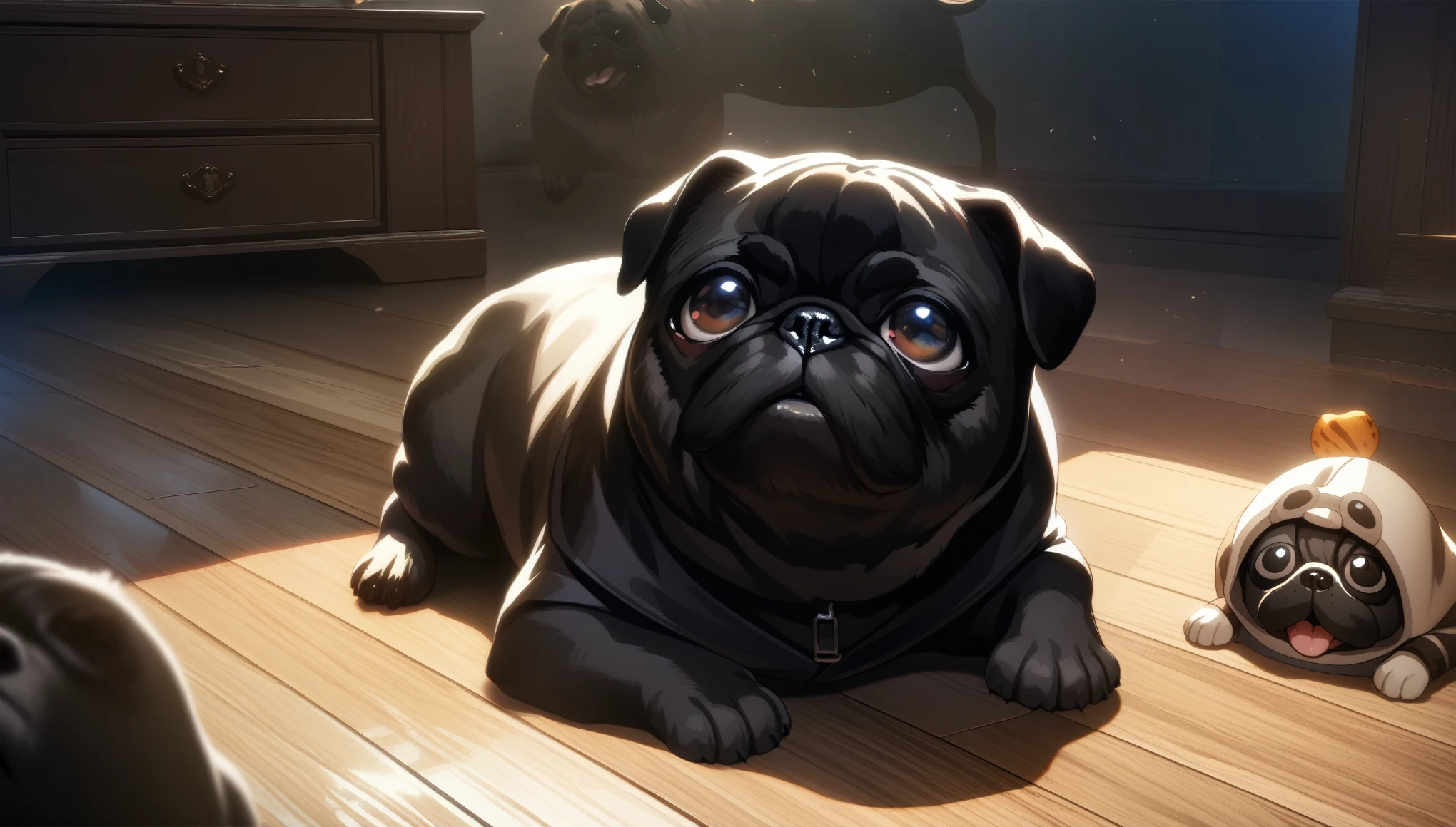 32k, best quality, ultra high res, HDR, UHD, extremely detailed CG, unity 32k wallpaper, Black Pug, Indoor living room background, Looking up, Pug begging for food, Close-up,