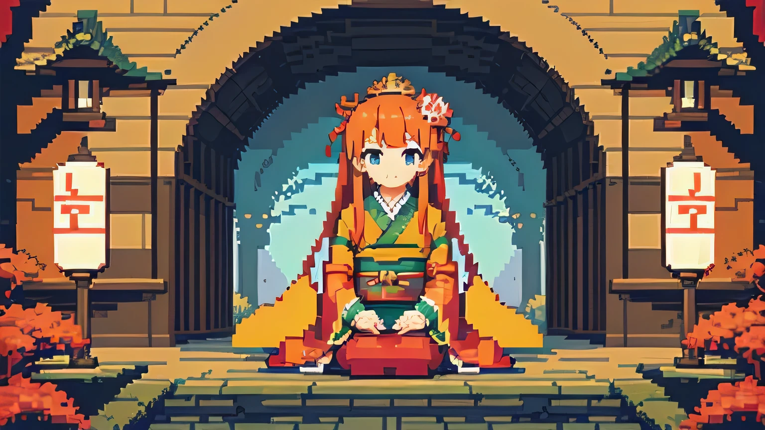 ((Pixel art)),(((masterpiece,highest quality,pixel,Pixel Art))),One beautiful girl,Orange Hair,Long Hair,(Japanese style:1.4),princess,(Healing)