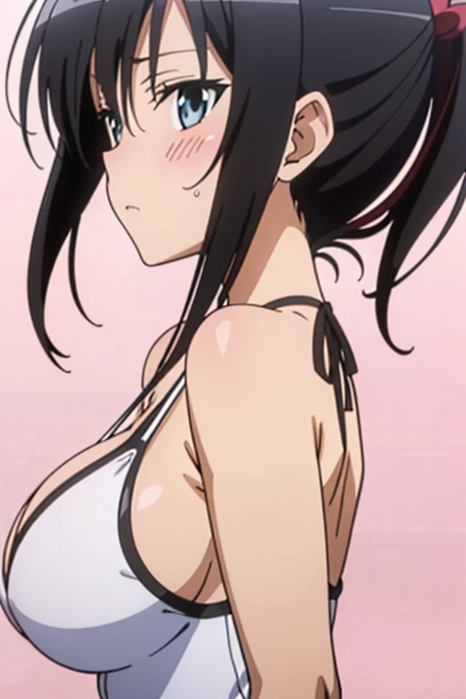 (masutepiece, Best Quality, High resolution, anime colours, megami magazine:1.2, anime poster style, anime keyvisual, sharp, 8k, photorealistic), from side, (beautiful eyes:1.5, beautiful face), Kotegawa Yui, 1girl, solo, Cute, blush, (Long Black Hair), (sagging huge breasts), (white onepiece swimsuit), cleavage, (arm behind back, upper body), (Perfect detailed Anatomy, beautiful detailed hair, perfect detailed body:1.2, shiny skin), (thick outline, Beautiful outlines, black outlines), simple background,