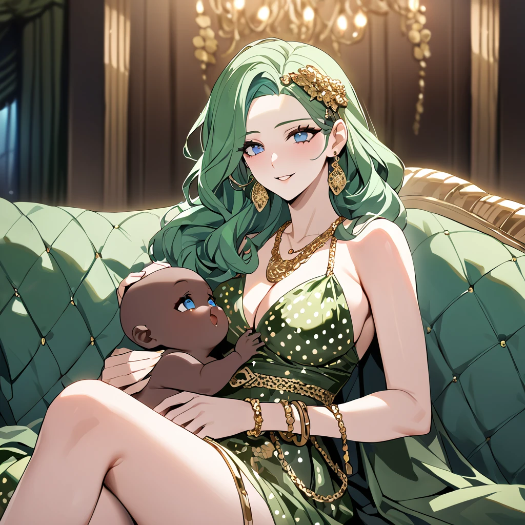 ((highest quality)), ((masterpiece)), (detailed), （Perfect Face）、((The woman is Lydia, a blue-eyed woman with long, lightly wavy, asymmetrical green hair, and is holding a black **** girl.))、The woman is wearing a gold hair ornament, a gorgeous headdress chain, a gorgeous necklace, gorgeous earrings, gorgeous bracelets, a gorgeous waist chain, and an engagement ring, and is holding a black human **** daughter.、The woman is wearing a shiny gold spotted dress with a long slit, her entire outfit is gold spotted with shiny edges, long boots with fur, and a spotted cape with fur.、The woman is sitting on a luxurious sofa in a luxurious room with a happy smile on her face, cuddling up to the muscular black man and holding their **** daughter.、The burly black guy has an engagement ring, a big fat dick and big balls、A burly black man is sitting on a luxurious sofa, embracing a woman and making love to her