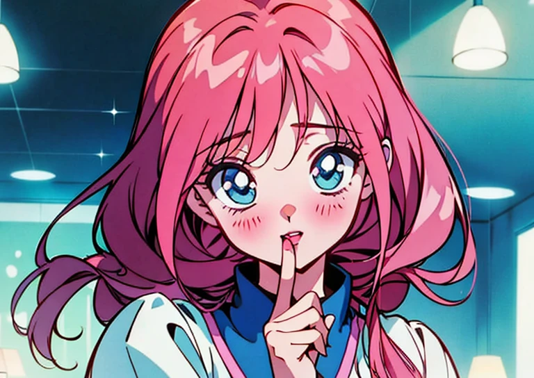 Miku nakano, turned sideways, pointing in front of her, (Old anime, vintage anime, 90's anime style, naoko takeuchi style, masterpiece、top-quality、top-quality、Official art、Beautifully Aesthetic:1.2)、(a beauty girl:1.3)、vivid colours、colourful, lHD Detail, Ultra Detail, soft Light, Deep Focus Bokeh, magical photography, dramatic lighting, intricate details, (1 girl, solo, alone), , sfw, nakano_miku, blue eyes, indigo eyes, aayotsuba, Miku, sparkling blue eyes, sfw, pretty teenage girl with long dark pink hair, heart shaped lips and blue eyes making a cute face, blushing, aamiku, Nakano Miku from The Quintessential Quintuplets, Miku Nakano, masterpiece, 4k, ultradetailed, cowboy shot, nakano miku, long pink red hair, blue headset around neck, calm face, blushing, apathetic calm face, one strand of hair across her face, blue eyes, innocent, pure, shy, tender, lovely