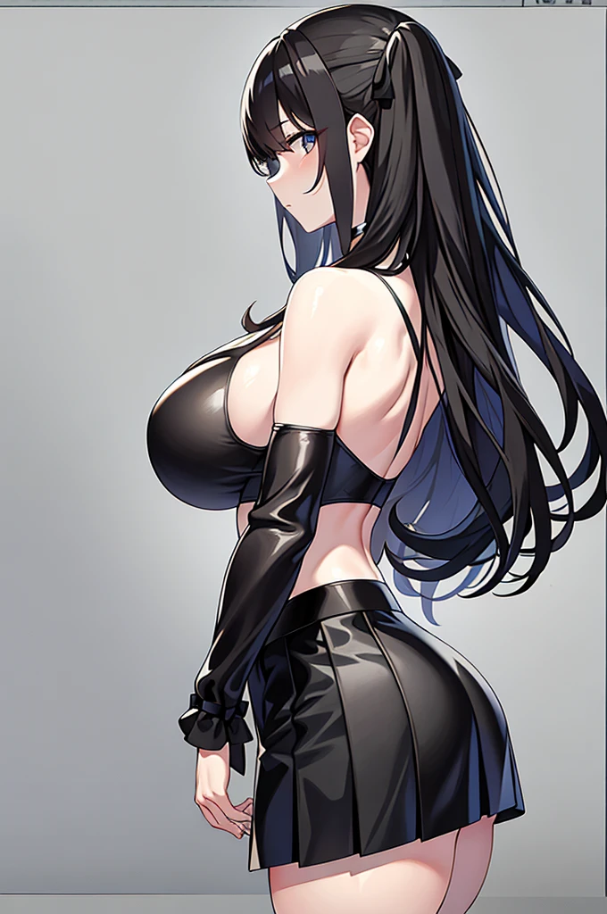 masterpiece, best quality, emphasize, 1個Giant Breast Girl,Front view,side view,Rear view,Multi-angle,Black long hair, Huge ,Expose bare shoulders,(Cropped top),(miniskirt),ta