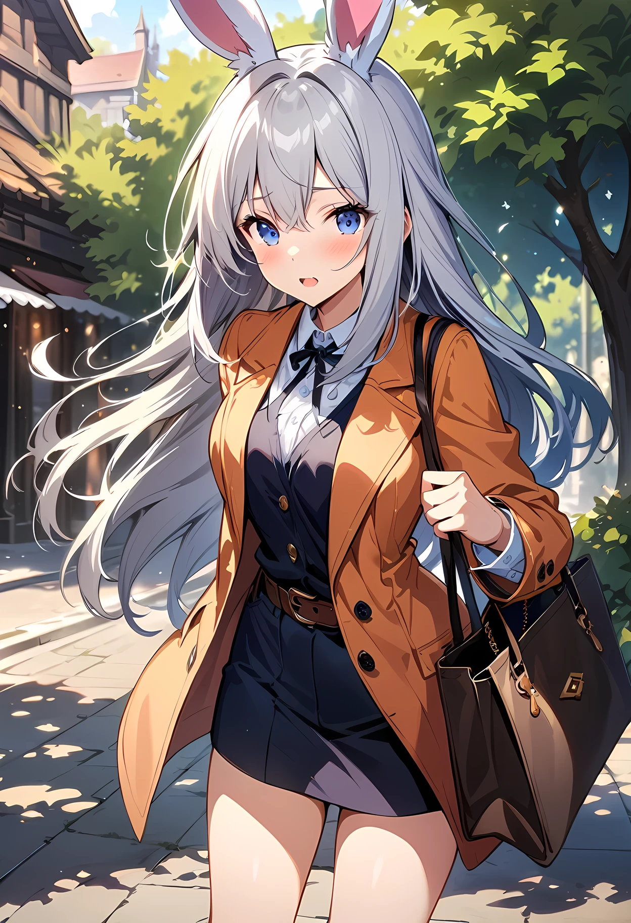 Best quality, masterpiece, extremely detailed unity CG wallpaper, 1 girl, bunny girl, handbag shopping bag, simple outdoor background