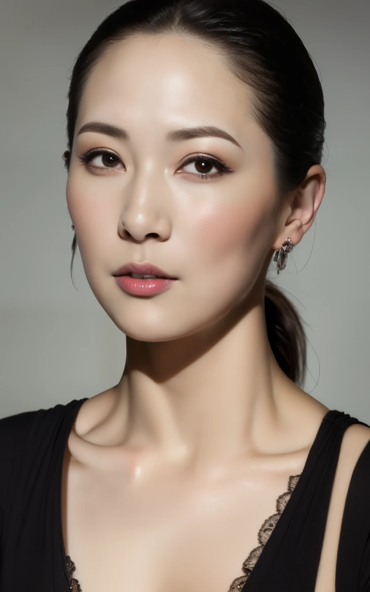 masterpiece,best quality, (one milf), ((portrait:1.5)), ((look down)), makeup:1.2, elegant raced black shirt, slicked back hair:1, ((seduction expression)),