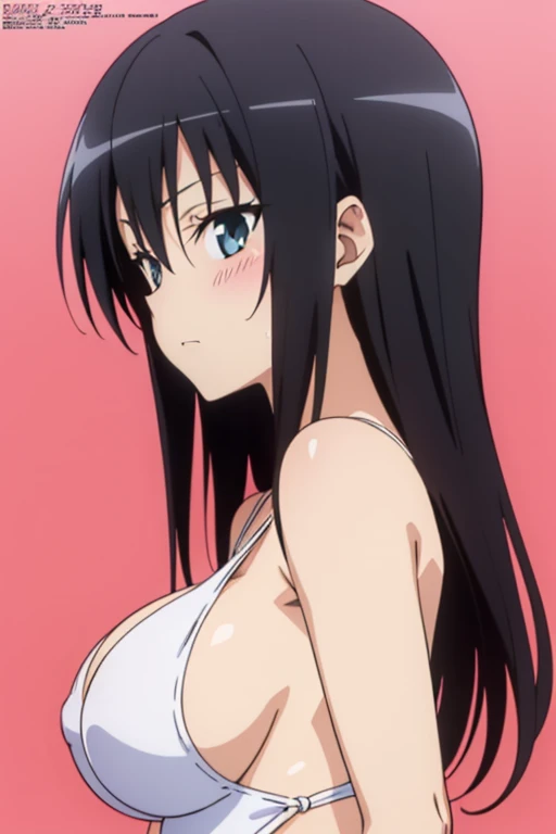 (masutepiece, Best Quality, High resolution, anime colours, megami magazine:1.2, anime poster style, anime keyvisual, sharp, 8k, photorealistic), from side, (beautiful eyes:1.5, beautiful face), Kotegawa Yui, 1girl, solo, Cute, blush, (Long Black Hair), (sagging huge breasts, sideboob), (white onepiece swimsuit), cleavage, (arm behind back, upper body), (Perfect detailed Anatomy, beautiful detailed hair, perfect detailed body:1.2, shiny skin), (thick outline, Beautiful outlines, black outlines), simple background,