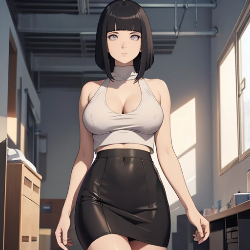 (masterpiece), anime, Best quality, good anatomy, one girl, Hinata Hyuga, (full height), white eyes, Big breasts, realistic face, gloomy face, Looking down, dark hair, short haircut, navel ,bare shoulders, tight black top, decollete, black pencil skirt, tall legs, beautiful legs, office, Reflectors, 8K masterpiece, super detail, film movie, best quality, best ditails, detailed face, detailed eyes, camera from bellow