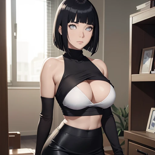 (masterpiece), anime, Best quality, good anatomy, one girl, Hinata Hyuga, (full height), white eyes, Big breasts, realistic face, gloomy face, Looking down, dark hair, short haircut, navel ,bare shoulders, tight black top, decollete, black pencil skirt, tall legs, beautiful legs, office, Reflectors, 8K masterpiece, super detail, film movie, best quality, best ditails, detailed face, detailed eyes, camera from bellow