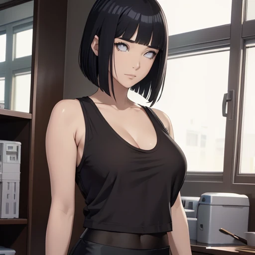 (masterpiece), anime, Best quality, good anatomy, one girl, Hinata Hyuga, (full height), white eyes, Big breasts, realistic face, gloomy face, Looking down, dark hair, short haircut, navel ,bare shoulders, tight black top, decollete, black pencil skirt, tall legs, beautiful legs, office, Reflectors, 8K masterpiece, super detail, film movie, best quality, best ditails, detailed face, detailed eyes, camera from bellow