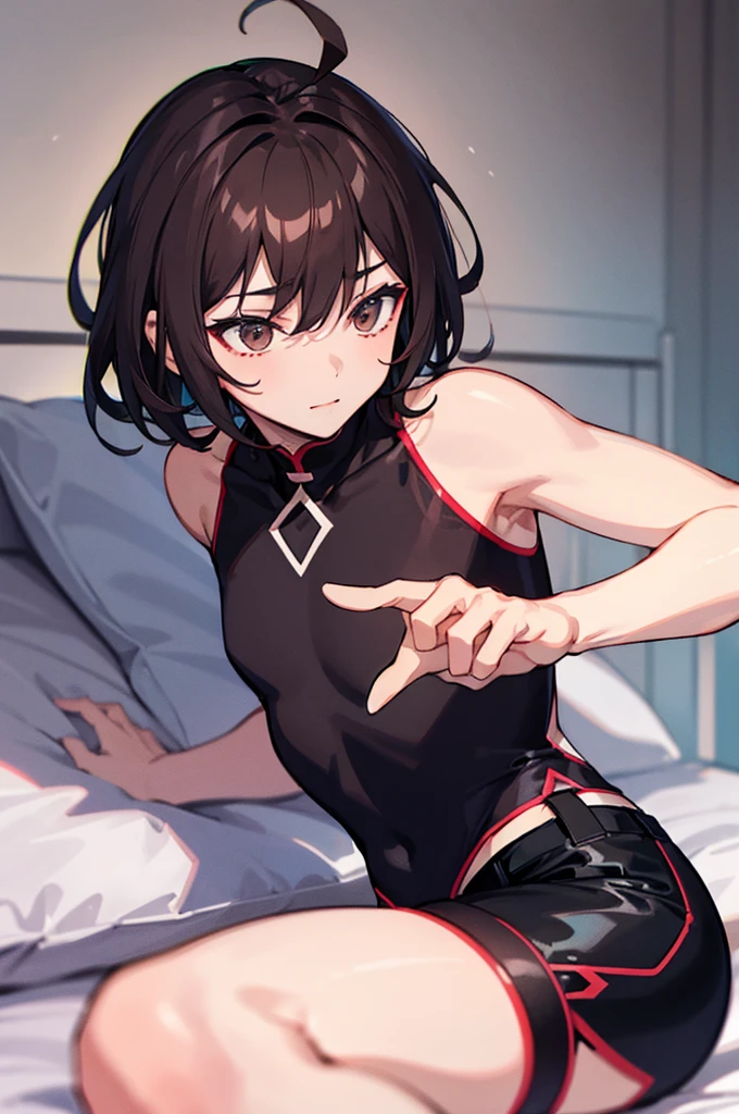 Make him look more like a femboy and remove his upper body clothing, make his hair black and white as well as his clothing