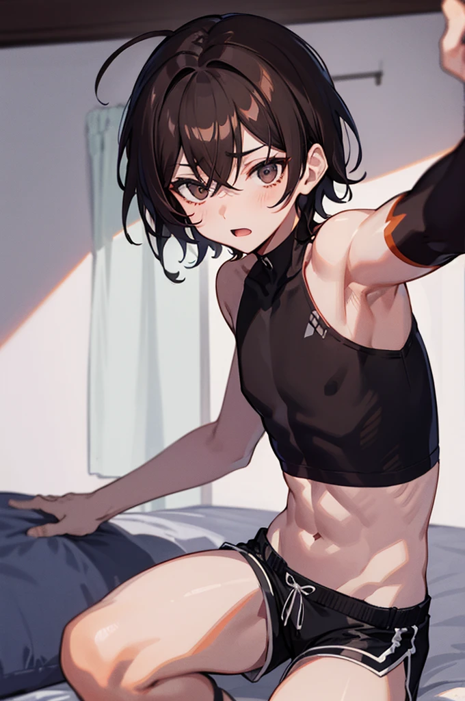 1个male孩 ,male, Solitary,Short and delicate hair,Dark brown hair,Tight top,Sleeveless,shorts,dynamic poses,on a soft bed,bedroom,
