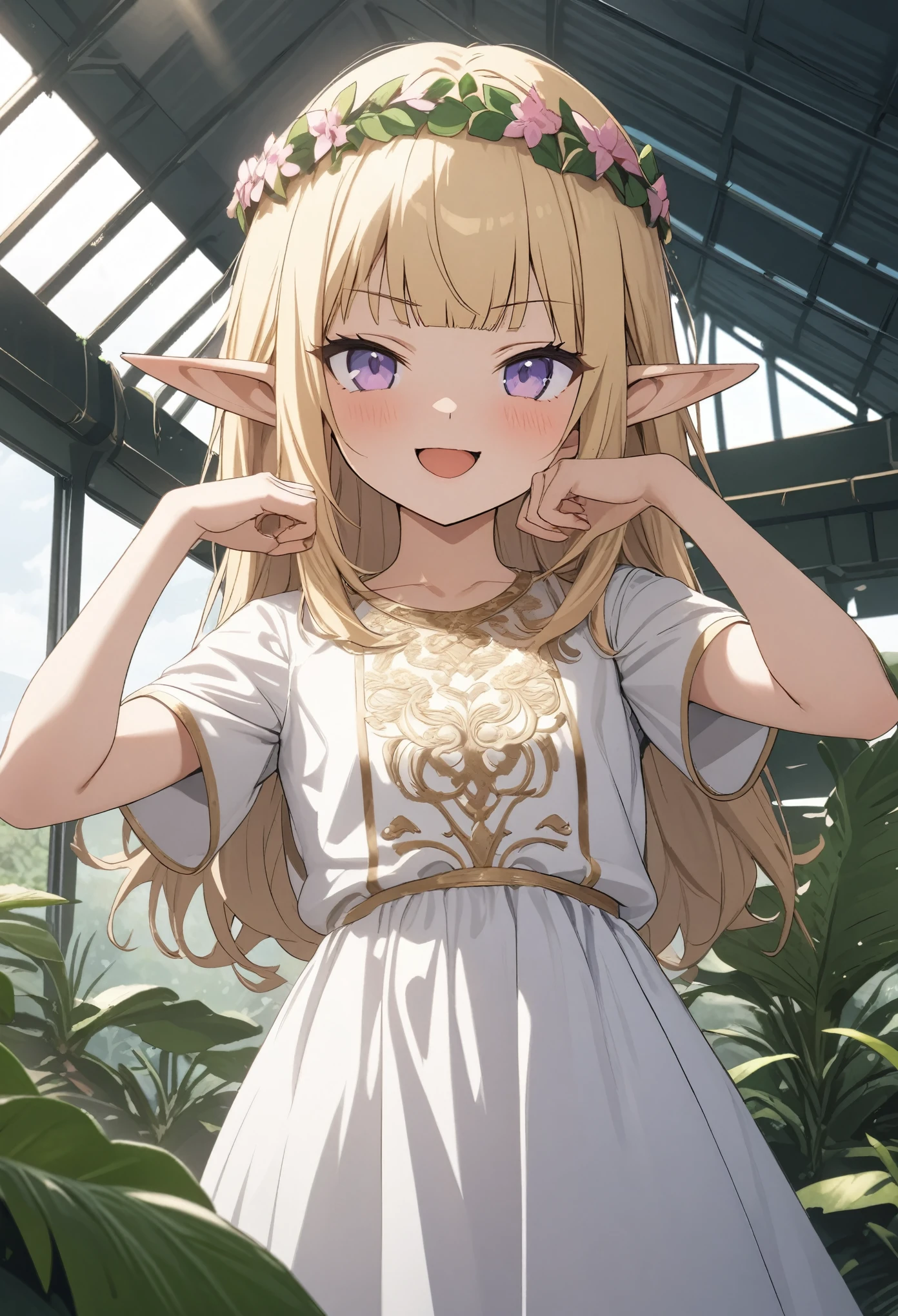 ((Masterpiece)), (Anime:1.3), ((best quality)), (super detail:1.2), (High Definition:1.3), (Professional Photography:1.2), wide shot, (), (1girl), cute young girl, (Smug), open mouth, (Beautiful purple eyes:1.3), (Glossy skin), ((elf girl)), (Gold embroidery Noble Shirt), (small chest), slim body, (loose blunt bangs), unruly hair, (medium hair), ((beautiful blond hair)), (put on noble head wreath), BREAK, ((best quality)), (princess pose), (on the tropical giant greenhouse), (sharp focus), (perfect light),