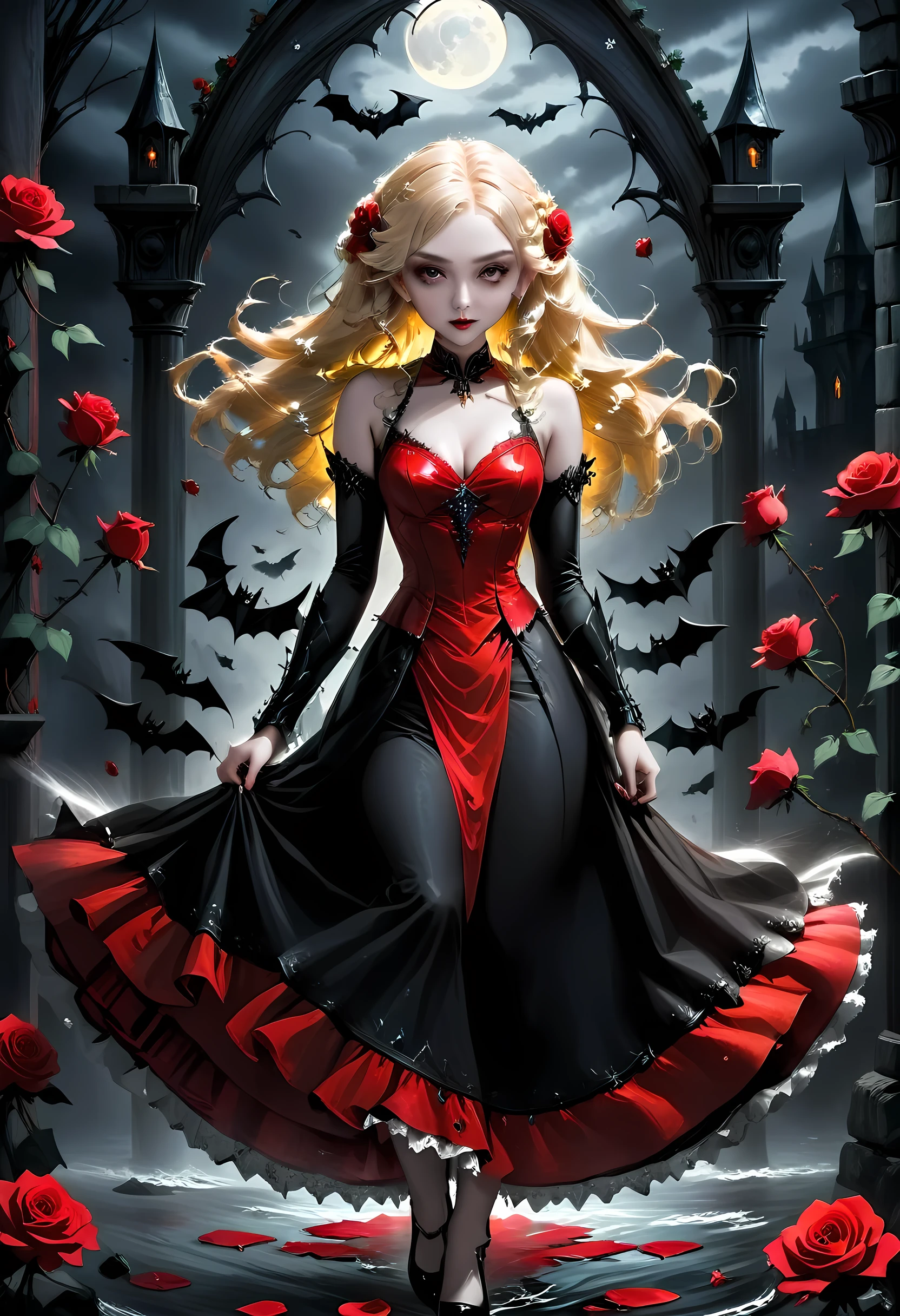 Dark fantasy art, fantasy art, goth art,  a picture of a female vampire, exquisite beauty, full body shot, dark glamour shot,  pale white skin, blond hair, long hair, wavy hair, (glowing grey: 1.3) eyes,  she  wears a (red: 1.3) red dress, ArmoredDress, the roses are imprinted on the dress (black: 1.4)  black roses betmd, high heells, dark castle porchm, dark, black and colorm, Dark Art Painting Style