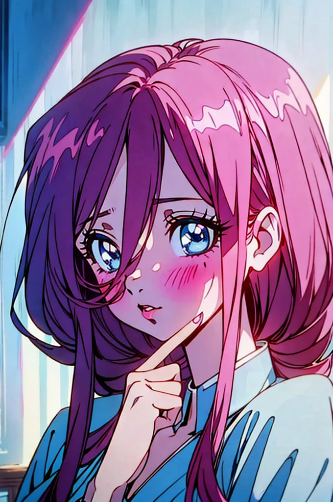 Miku nakano, turned sideways, pointing in front of her, (Old anime, vintage anime, 90's anime style, naoko takeuchi style, masterpiece、top-quality、top-quality、Official art、Beautifully Aesthetic:1.2)、(a beauty girl:1.3)、vivid colours、colourful, lHD Detail, Ultra Detail, soft Light, Deep Focus Bokeh, magical photography, dramatic lighting, intricate details, (1 girl, solo, alone), , sfw, nakano_miku, blue eyes, indigo eyes, aayotsuba, Miku, sparkling blue eyes, sfw, pretty teenage girl with long dark pink hair, heart shaped lips and blue eyes making a cute face, blushing, aamiku, Nakano Miku from The Quintessential Quintuplets, Miku Nakano, masterpiece, 4k, ultradetailed, cowboy shot, nakano miku, long pink red hair, blue headset around neck, calm face, blushing, apathetic calm face, one strand of hair across her face, blue eyes, innocent, pure, shy, tender, lovely