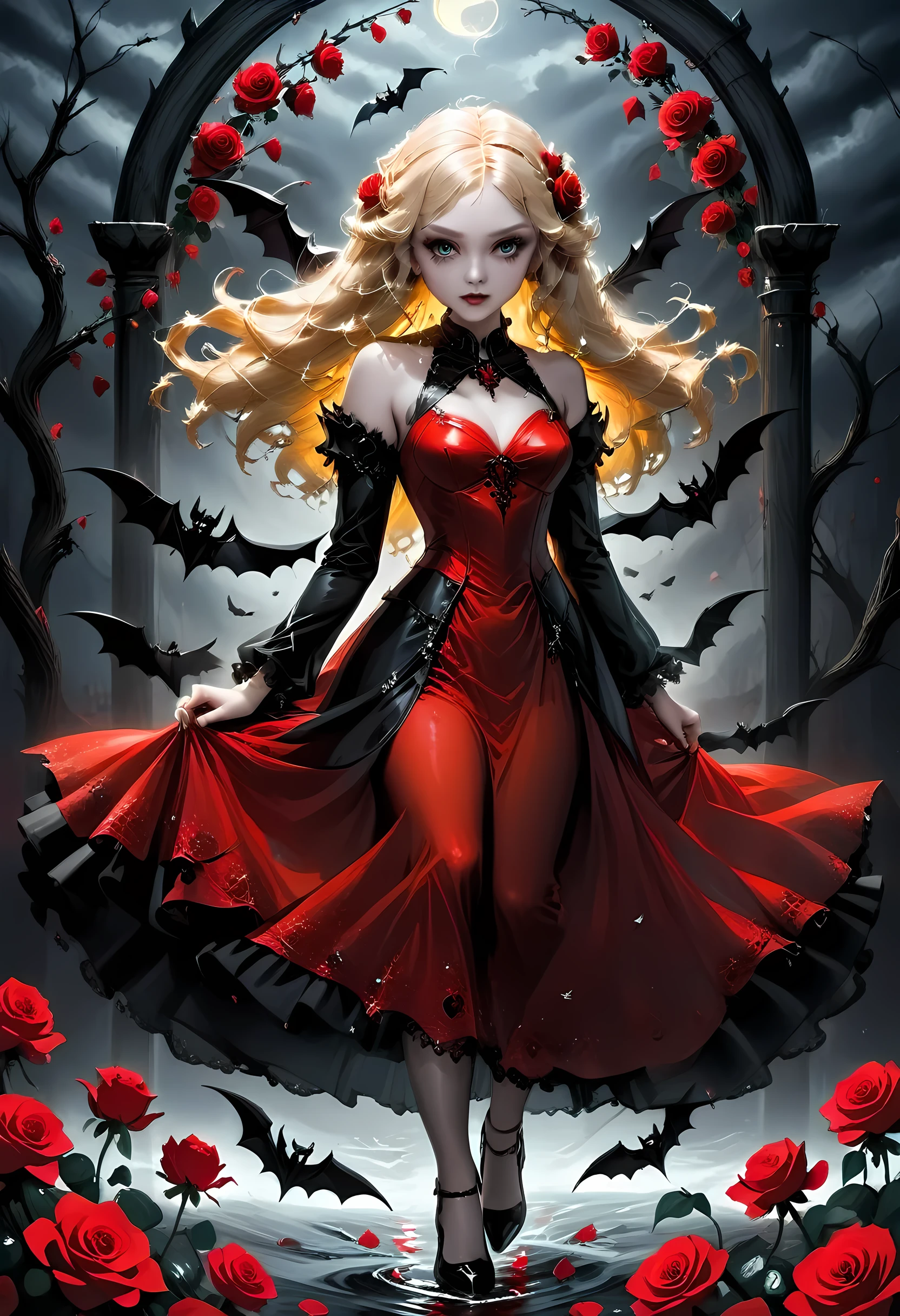 Dark fantasy art, fantasy art, goth art,  a picture of a female vampire, exquisite beauty, full body shot, dark glamour shot,  pale white skin, blond hair, long hair, wavy hair, (glowing grey: 1.3) eyes,  she  wears a (red: 1.3) red dress, ArmoredDress, the roses are imprinted on the dress (black: 1.4)  black roses betmd, high heells, dark castle porchm, dark, black and colorm, Dark Art Painting Style