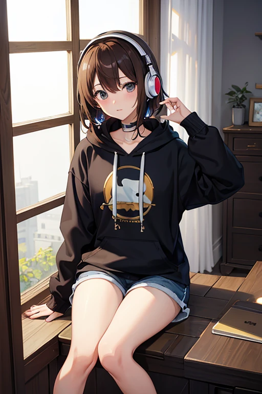 masterpiece, highest quality, High resolution，Anime Style、Brown Hair、Headphones on neck、Bukabuka hoodie、Shorts、Window、